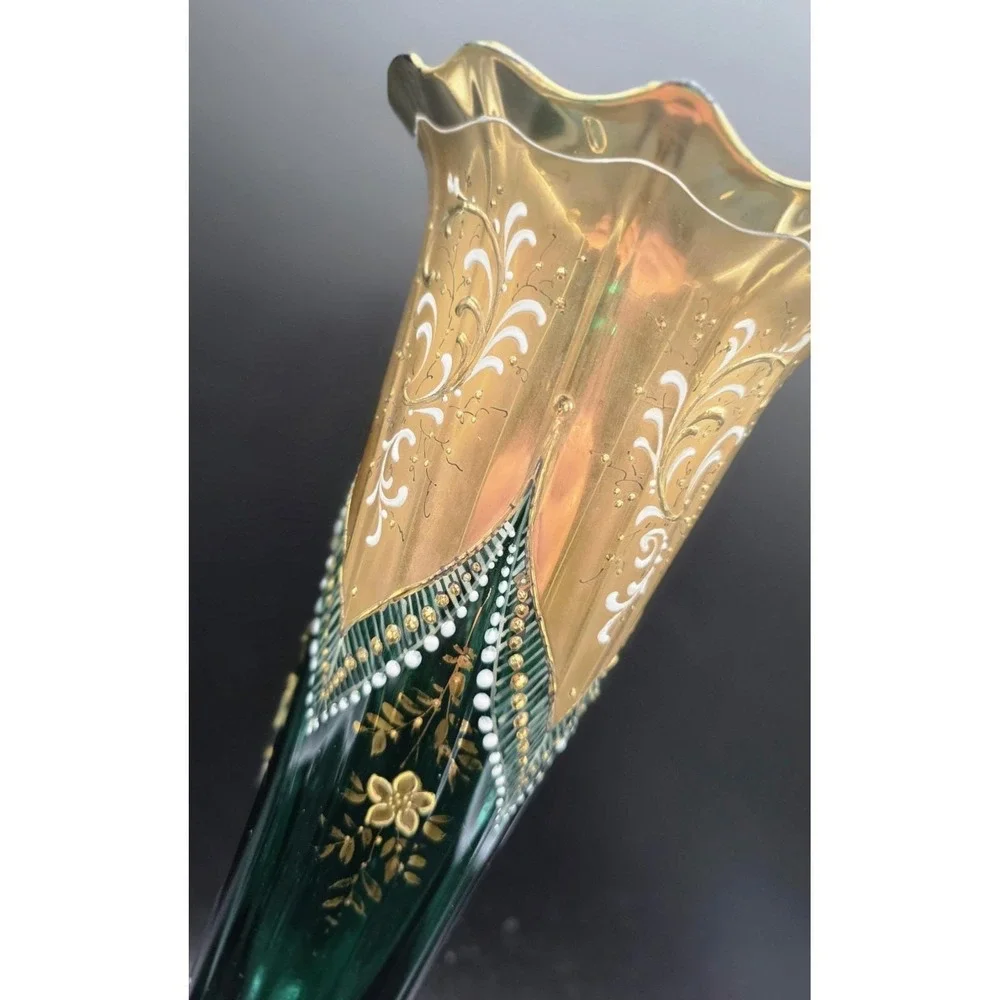 Antique Bohemian Emerald Green Footed Vase 12
